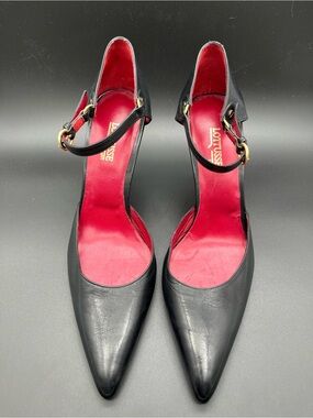 LOTTUSSE Black Leather Pointed Toe Ankle Strap Heels Pumps Red Insole 7.5 US